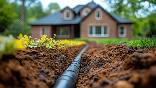 New drain pipe in lawn at front of house.